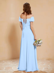 Robe Longue à Demi-Manches avec Fente Bleu Ciel