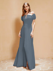 Robe Longue à Demi-Manches avec Fente Bleu de Schiste Grande Taille