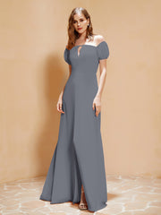 Robe Longue à Demi-Manches avec Fente Gris Acier