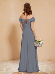 Robe Longue à Demi-Manches avec Fente Gris Acier