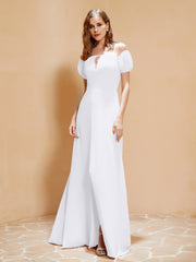 Robe Longue à Demi-Manches avec Fente Blanc Grande Taille