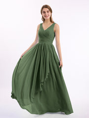 Mousseline Col en V Robe avec Jupe Cascade Olive Verte