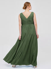 Mousseline Col en V Robe avec Jupe Cascade Olive Verte Grande Taille