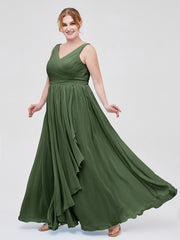 Mousseline Col en V Robe avec Jupe Cascade Olive Verte Grande Taille