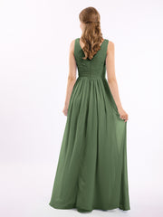 Mousseline Col en V Robe avec Jupe Cascade Olive Verte