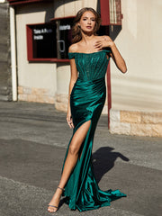 Robe Sirène Plissée à Hors de l'Épaule avec Mancherons Vert Foncé Grande Taille