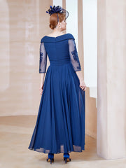 Robe en Dentelle et Mousseline Longueur au Sol à Col en V Bleu Marine Clair Grande Taille