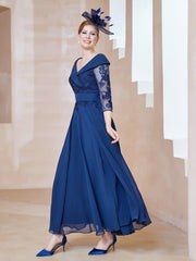 Robe en Dentelle et Mousseline Longueur au Sol à Col en V Bleu Marine Clair