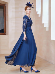 Robe en Dentelle et Mousseline Longueur au Sol à Col en V Bleu Marine Clair Grande Taille