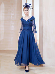 Robe en Dentelle et Mousseline Longueur au Sol à Col en V Bleu Marine Clair Grande Taille