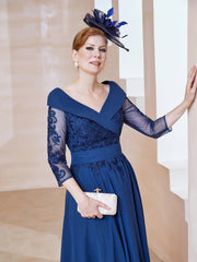 Robe en Dentelle et Mousseline Longueur au Sol à Col en V Bleu Marine Clair Grande Taille