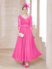 Robe en Dentelle et Mousseline Longueur au Sol à Col en V Azalée Grande Taille