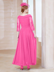 Robe en Dentelle et Mousseline Longueur au Sol à Col en V Azalée