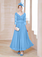 Robe en Dentelle et Mousseline Longueur au Sol à Col en V Bleu