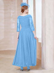 Robe en Dentelle et Mousseline Longueur au Sol à Col en V Bleu Grande Taille