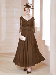 Robe en Dentelle et Mousseline Longueur au Sol à Col en V Brun