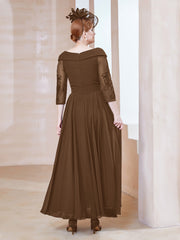 Robe en Dentelle et Mousseline Longueur au Sol à Col en V Brun Grande Taille