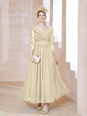 Robe en Dentelle et Mousseline Longueur au Sol à Col en V Champagne