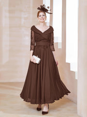Robe en Dentelle et Mousseline Longueur au Sol à Col en V Chocolat