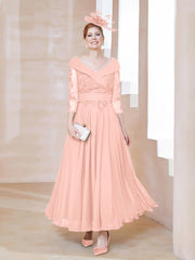 Robe en Dentelle et Mousseline Longueur au Sol à Col en V Corail