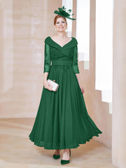 Robe en Dentelle et Mousseline Longueur au Sol à Col en V Vert Foncé Grande Taille