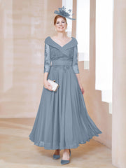Robe en Dentelle et Mousseline Longueur au Sol à Col en V Bleu Poudré Grande Taille