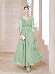Robe en Dentelle et Mousseline Longueur au Sol à Col en V Sauge Poudrée Grande Taille