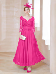 Robe en Dentelle et Mousseline Longueur au Sol à Col en V Fuchsia