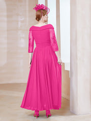 Robe en Dentelle et Mousseline Longueur au Sol à Col en V Fuchsia