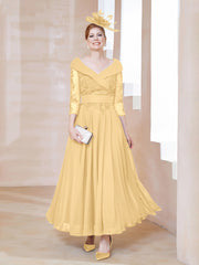 Robe en Dentelle et Mousseline Longueur au Sol à Col en V Or Grande Taille