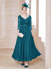 Robe en Dentelle et Mousseline Longueur au Sol à Col en V Bleu Encre