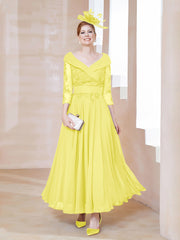 Robe en Dentelle et Mousseline Longueur au Sol à Col en V Citron