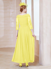 Robe en Dentelle et Mousseline Longueur au Sol à Col en V Citron