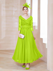 Robe en Dentelle et Mousseline Longueur au Sol à Col en V Vert Citron