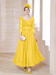 Robe en Dentelle et Mousseline Longueur au Sol à Col en V Souci Grande Taille