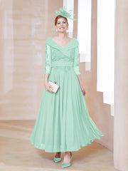 Robe en Dentelle et Mousseline Longueur au Sol à Col en V Vert Menthe Grande Taille
