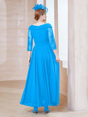 Robe en Dentelle et Mousseline Longueur au Sol à Col en V Bleu Océan