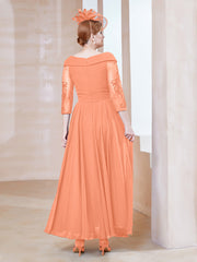 Robe en Dentelle et Mousseline Longueur au Sol à Col en V Papaye