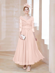 Robe en Dentelle et Mousseline Longueur au Sol à Col en V Rose Perle Grande Taille