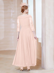 Robe en Dentelle et Mousseline Longueur au Sol à Col en V Rose Perle