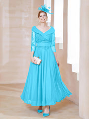 Robe en Dentelle et Mousseline Longueur au Sol à Col en V Piscine