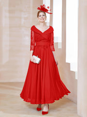 Robe en Dentelle et Mousseline Longueur au Sol à Col en V Rouge Grande Taille