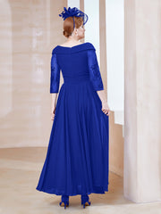 Robe en Dentelle et Mousseline Longueur au Sol à Col en V Bleu Royale
