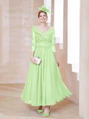 Robe en Dentelle et Mousseline Longueur au Sol à Col en V Sauge