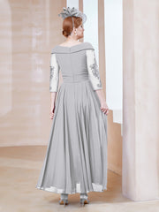 Robe en Dentelle et Mousseline Longueur au Sol à Col en V Argent