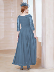 Robe en Dentelle et Mousseline Longueur au Sol à Col en V Bleu de Schiste