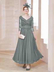 Robe en Dentelle et Mousseline Longueur au Sol à Col en V Gris Acier Grande Taille