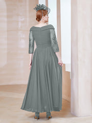 Robe en Dentelle et Mousseline Longueur au Sol à Col en V Gris Acier