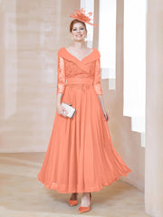 Robe en Dentelle et Mousseline Longueur au Sol à Col en V Crépuscule