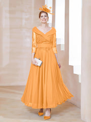 Robe en Dentelle et Mousseline Longueur au Sol à Col en V Mandarine